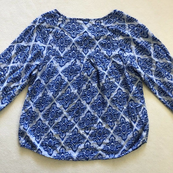 Cynthia Rowley Blue White Print Rayon Tie Long Sleeve Pullover Peasant Shirt S - Picture 9 of 10